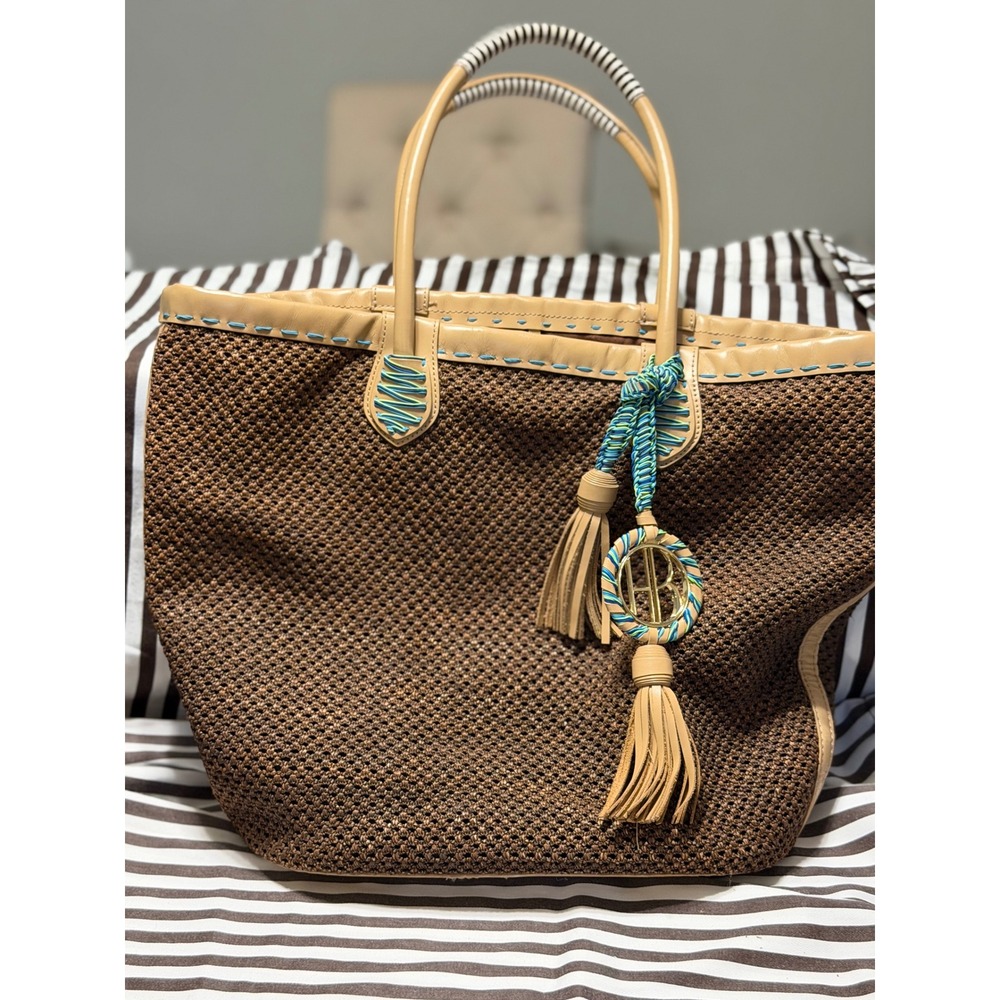 Henri Bendel Brown Woven Raffia Leather Trim Tassel Tote Bag HB Logo Medallion